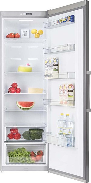 Rostfritt kylskåp, kylskåpsdörr och insida